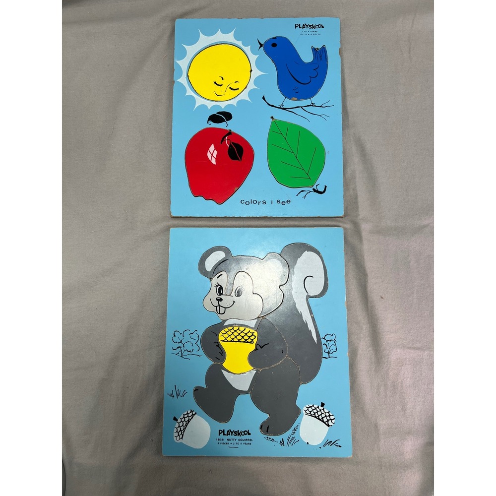 VTG Playskool Wooden Inlay Puzzles Set Nutty Squirrel Colors I See 70s Nursery